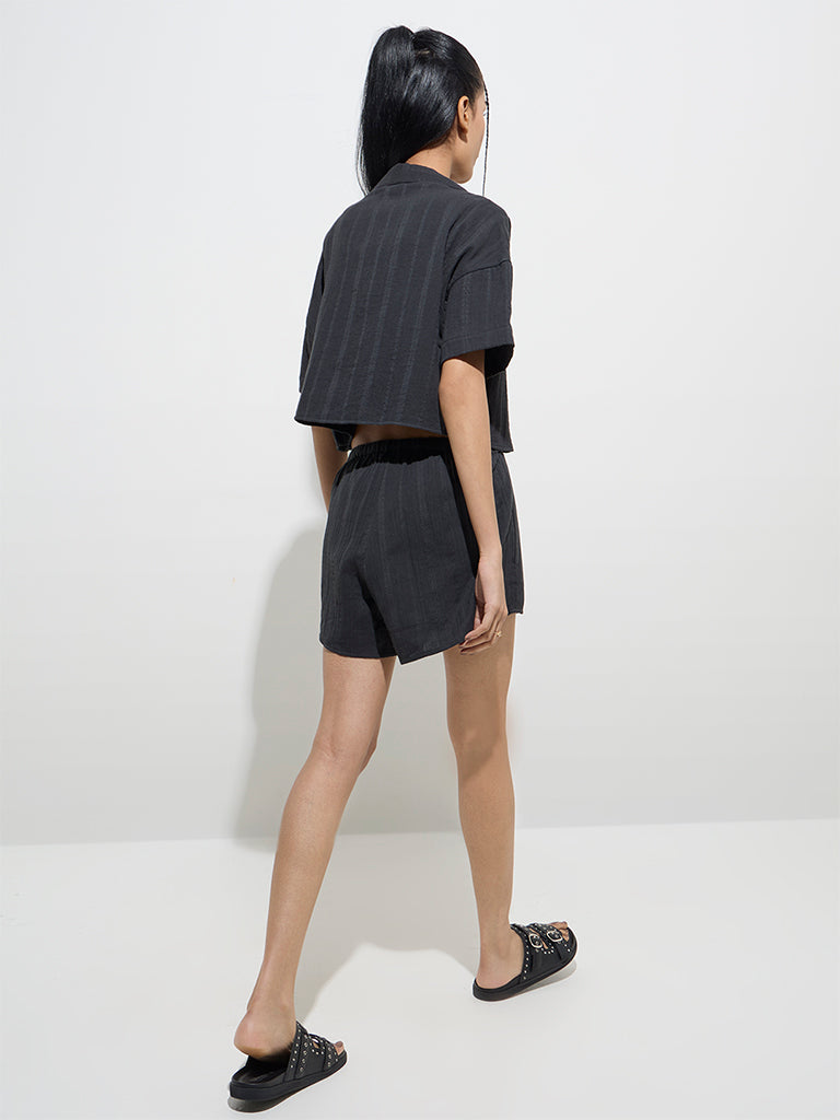 Nuon Black Crinkle-Textured High-Rise Cotton Shorts - Image 4