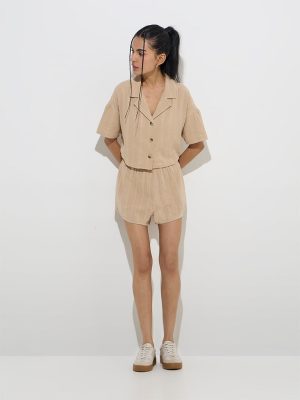 Nuon Beige Crinkle-Textured High-Rise Cotton Shorts
