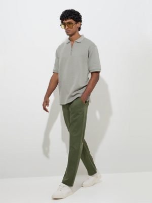 WES Casuals Olive Relaxed-Fit Mid-Rise Cotton-Blend Trousers