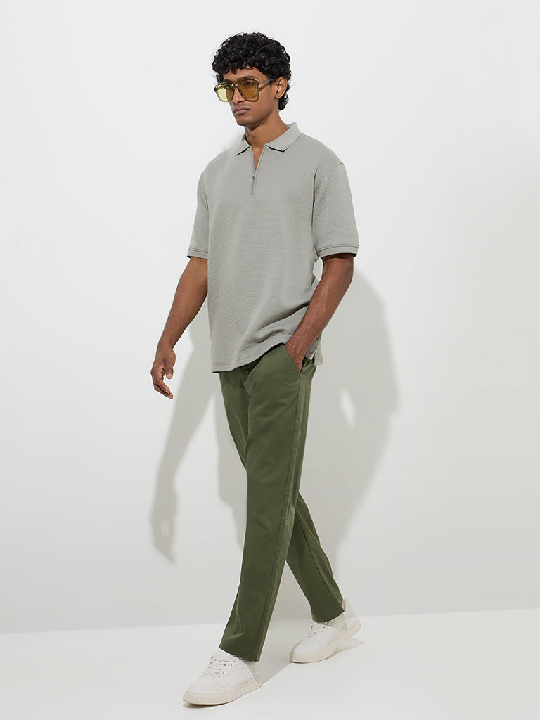 WES Casuals Olive Relaxed-Fit Mid-Rise Cotton-Blend Trousers