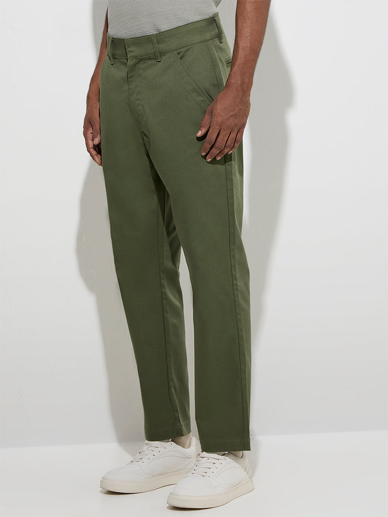 WES Casuals Olive Relaxed-Fit Mid-Rise Cotton-Blend Trousers - Image 3