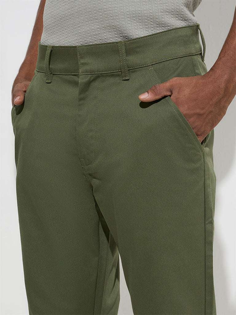 WES Casuals Olive Relaxed-Fit Mid-Rise Cotton-Blend Trousers - Image 4