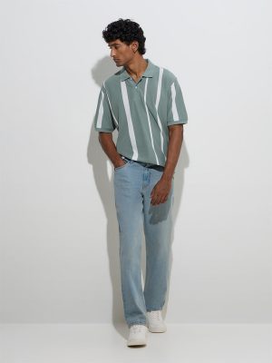 WES Casuals Sage Stripe Printed Relaxed-Fit Cotton-Blend Polo T-Shirt