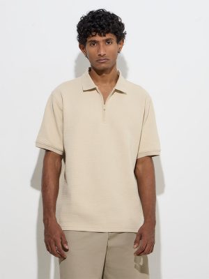 WES Casuals Beige Quarter Zip Cotton-Blend Polo T-Shirt