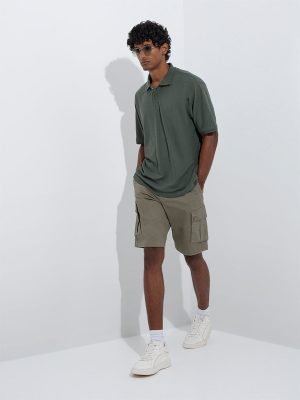 WES Casuals Olive Relaxed-Fit Mid-Rise Denim Shorts