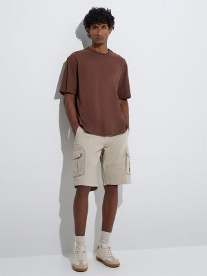 WES Casuals Beige Relaxed-Fit Mid-Rise Cotton-Blend Shorts