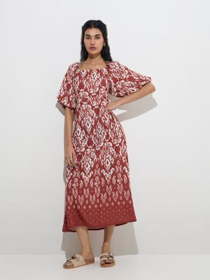 Bombay Paisley Rust Ikat Printed A-Line Dress