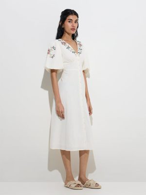 Bombay Paisley Off-White Embroidered Cotton A-Line Dress