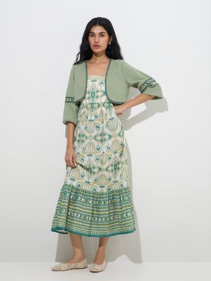 Bombay Paisley Sage Ikat Cotton Tiered Dress with Jacket