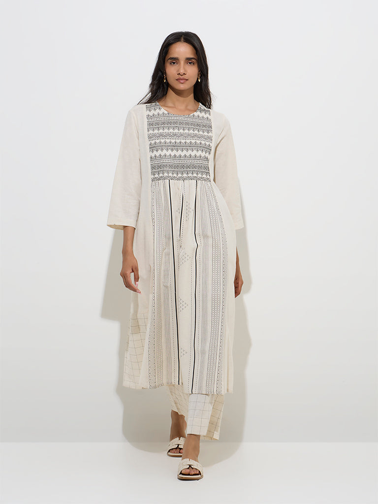 Utsa Beige Embroidered Cotton-Blend A-Line Kurta