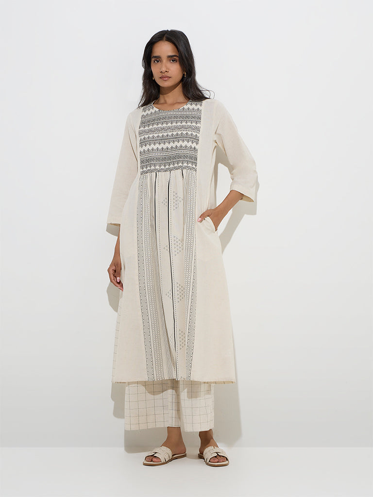 Utsa Beige Embroidered Cotton-Blend A-Line Kurta - Image 2