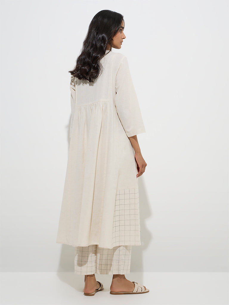 Utsa Beige Embroidered Cotton-Blend A-Line Kurta - Image 4