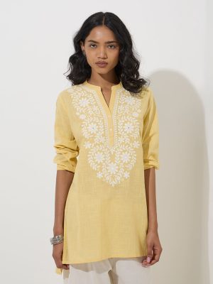 Utsa Yellow Floral Embroidered Cotton Kurti