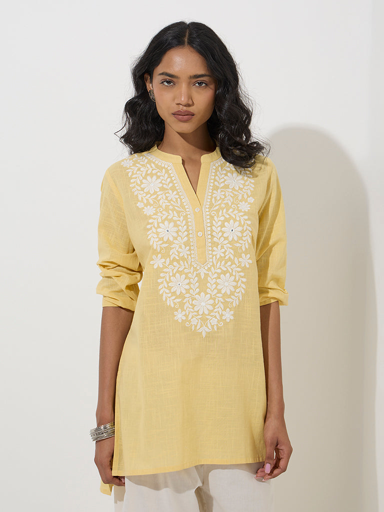 Utsa Yellow Floral Embroidered Cotton Kurti