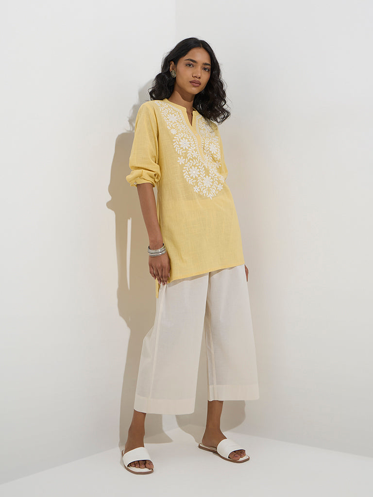 Utsa Yellow Floral Embroidered Cotton Kurti - Image 2