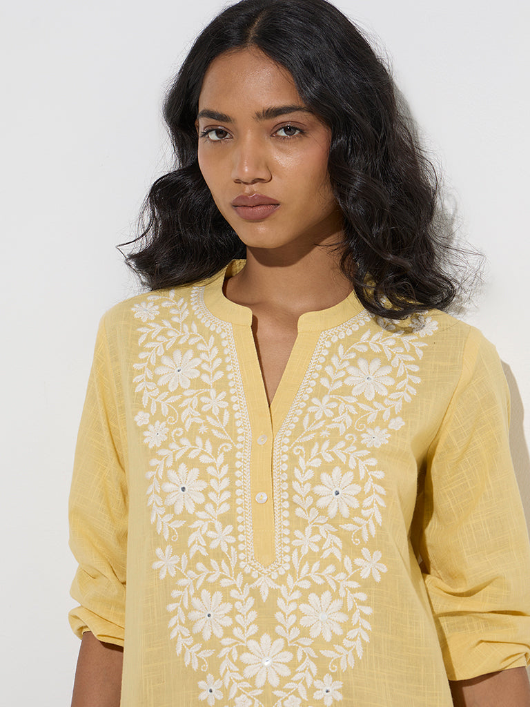 Utsa Yellow Floral Embroidered Cotton Kurti - Image 3