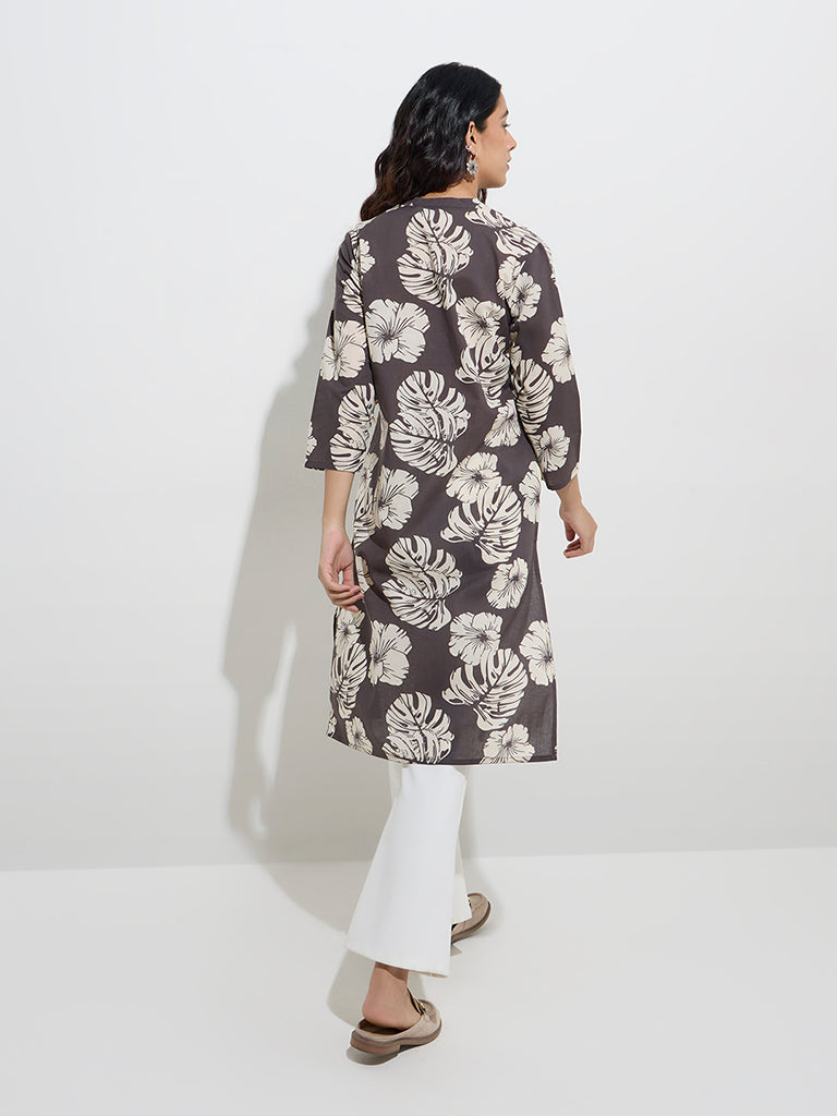 Utsa Charcoal Floral Design Straight Cotton Kurta - Image 4