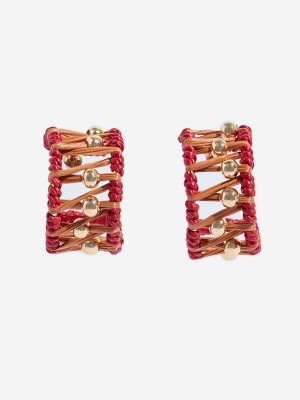 Westside Accessories Red & Orange Woven Cord and Metal Bead Hoop Earrings