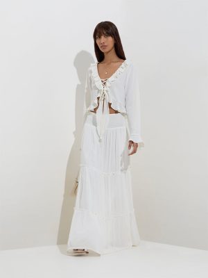 Nuon White Solid Tiered High-Rise Skirt