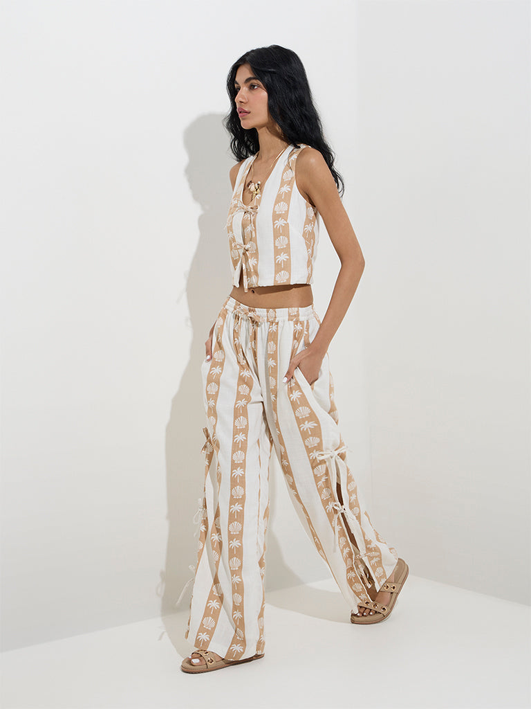 Nuon Beige Shell Printed Mid-Rise Cotton-Blend Pants