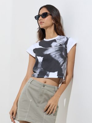 Nuon White Floral Detailed Cotton T-Shirt