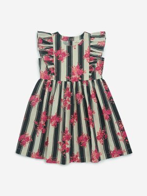 Utsa Kids Black Stripe Printed Cotton-Blend A-Line Dress - (2-8yrs)