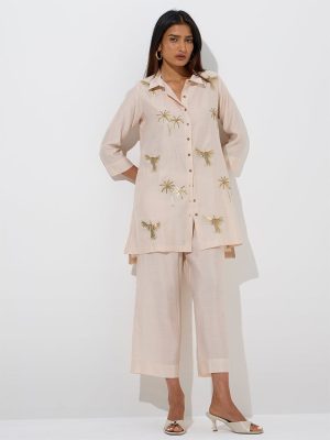 Vark Beige Embellished Tunic with Pants Set