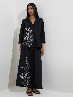 Utsa Black Floral Embroidered Cotton Tunic