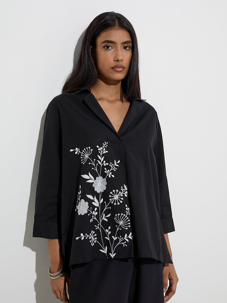 Utsa Black Floral Embroidered Cotton Tunic - Image 2