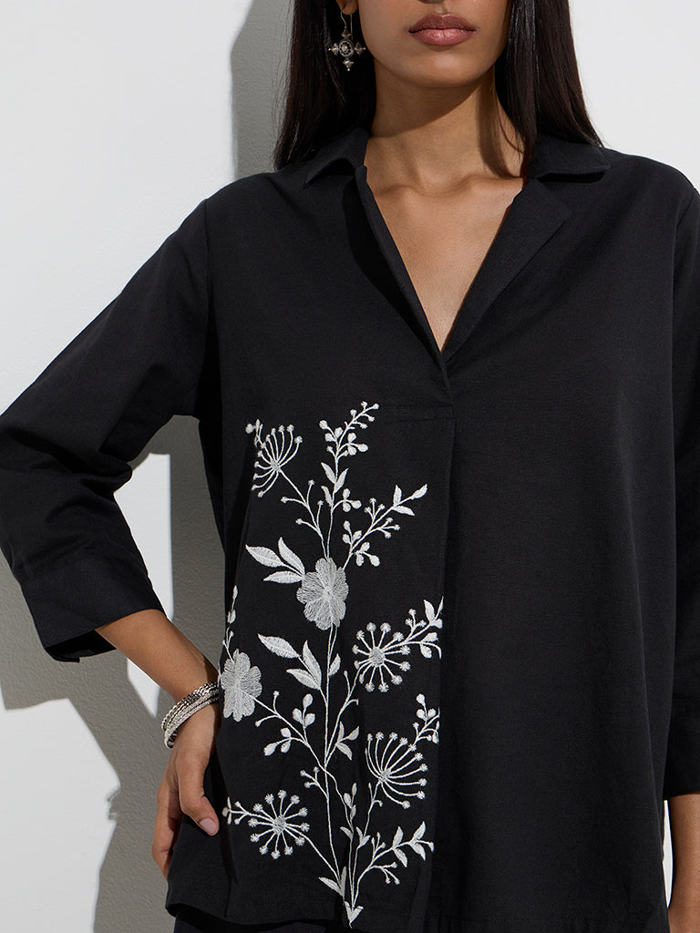Utsa Black Floral Embroidered Cotton Tunic - Image 3