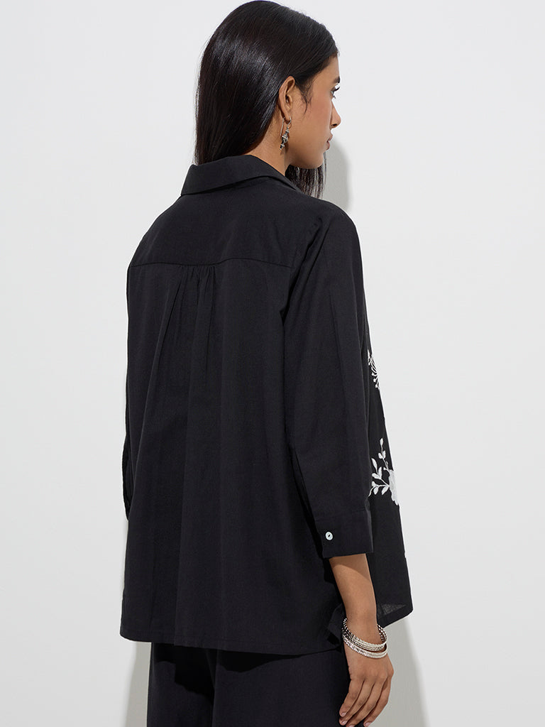 Utsa Black Floral Embroidered Cotton Tunic - Image 4