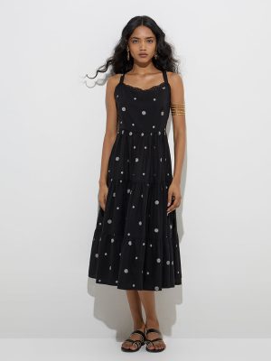 Utsa Black Geometric Design Cotton Tiered Dress