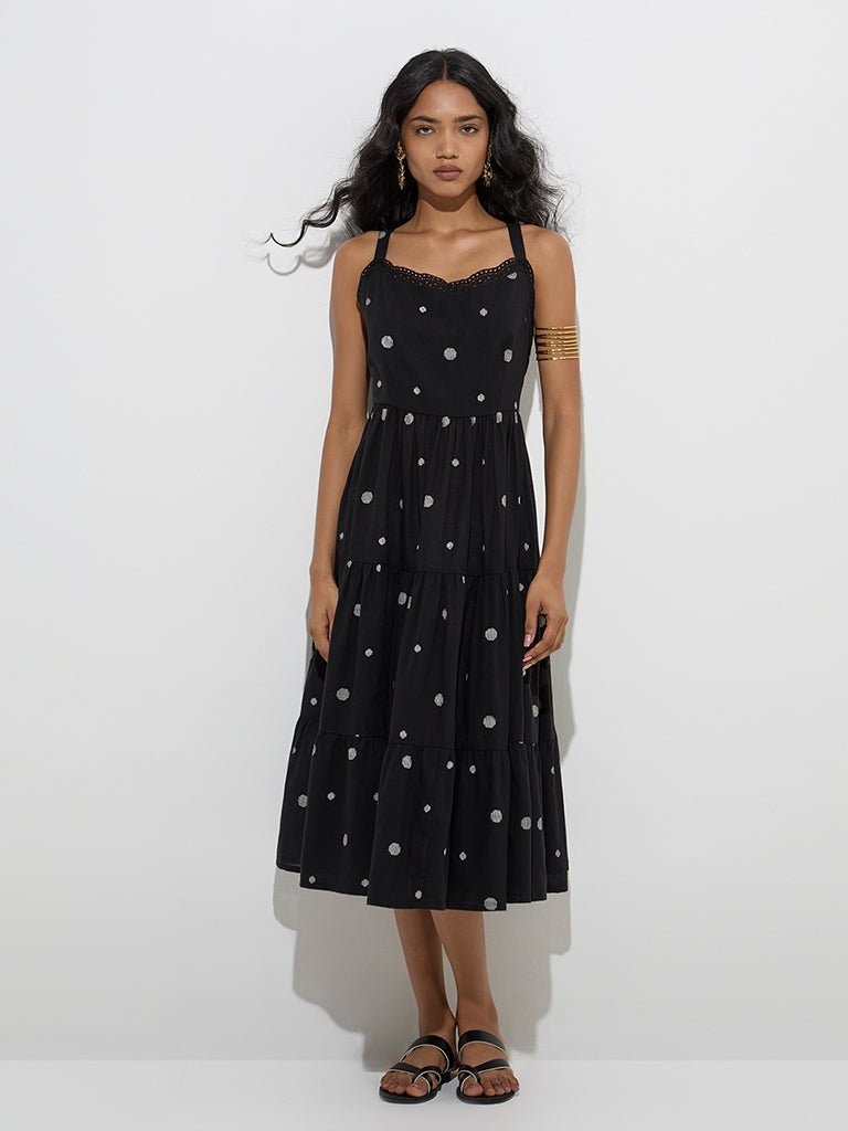 Utsa Black Geometric Design Cotton Tiered Dress