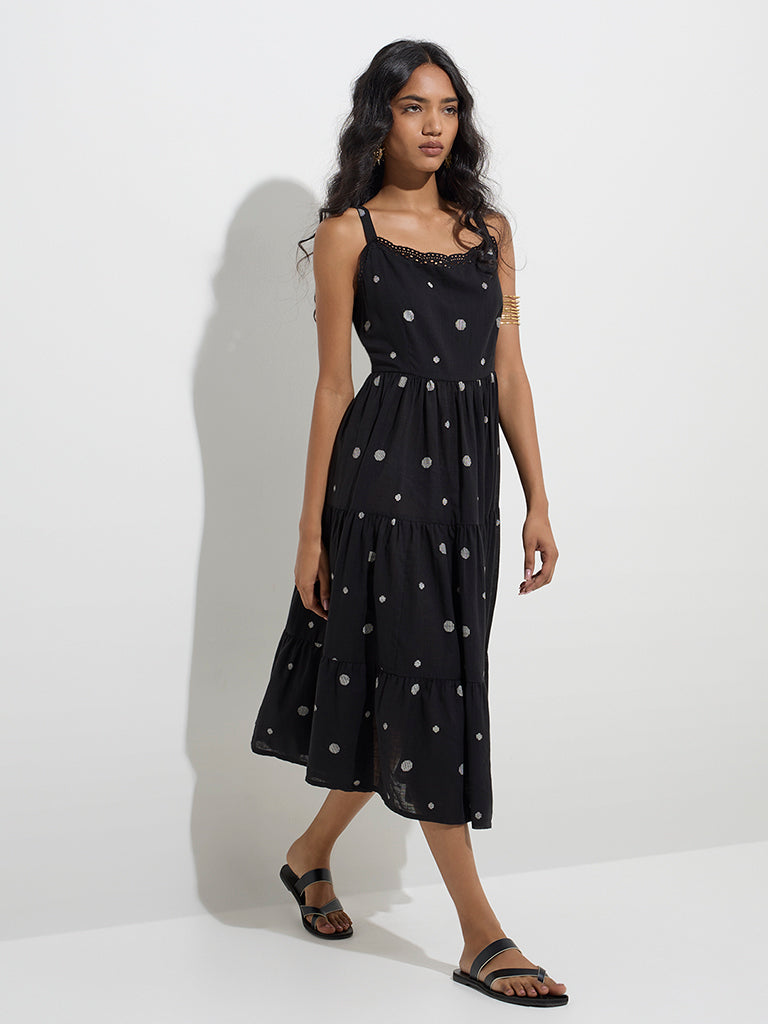 Utsa Black Geometric Design Cotton Tiered Dress - Image 2