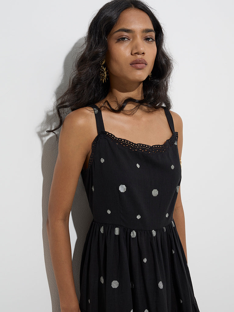 Utsa Black Geometric Design Cotton Tiered Dress - Image 3