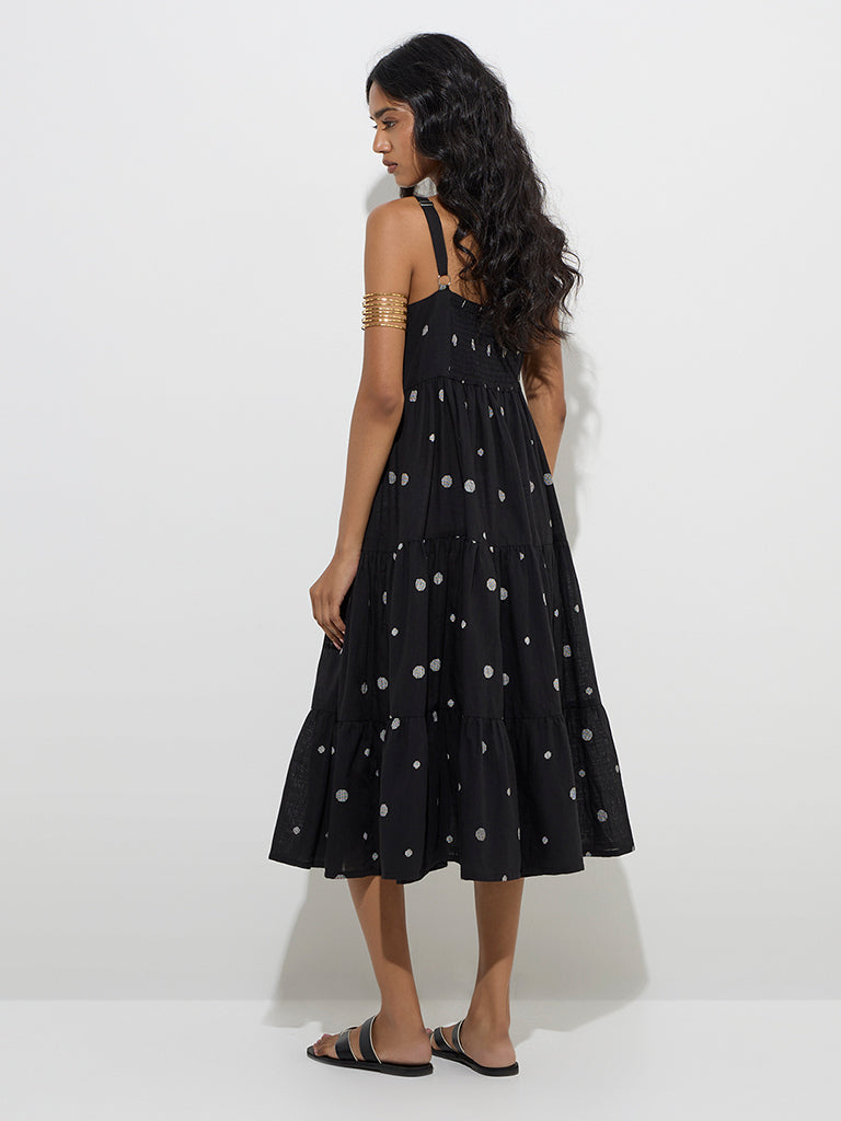 Utsa Black Geometric Design Cotton Tiered Dress - Image 4