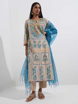Vark Beige Straight Kurta. Ethnic Pants and Dupatta Set