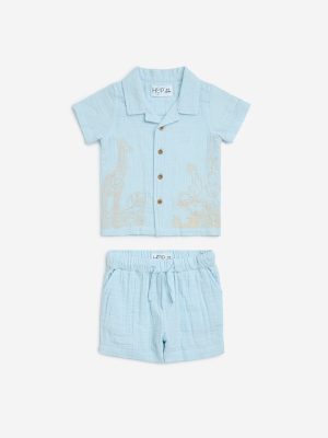 HOP Baby Blue Embroidered Cotton Shirt with Shorts Set