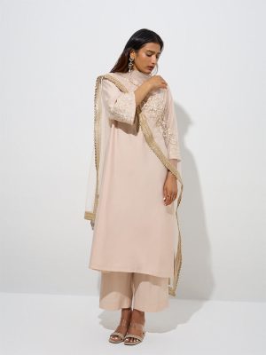 Vark Beige A-Line Kurta. Palazzos and Dupatta Set