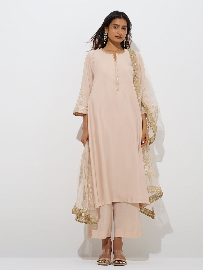 Vark Beige A-Line Kurta. Palazzos and Dupatta Set - Image 2
