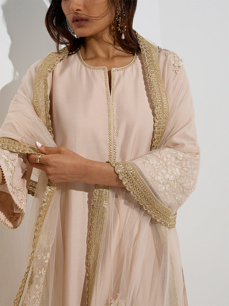 Vark Beige A-Line Kurta. Palazzos and Dupatta Set - Image 3
