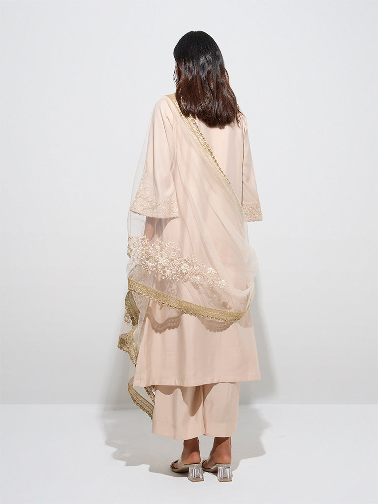 Vark Beige A-Line Kurta. Palazzos and Dupatta Set - Image 4