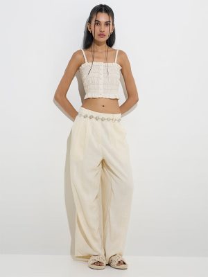 Nuon Off-White Smocked Cotton Crop Top