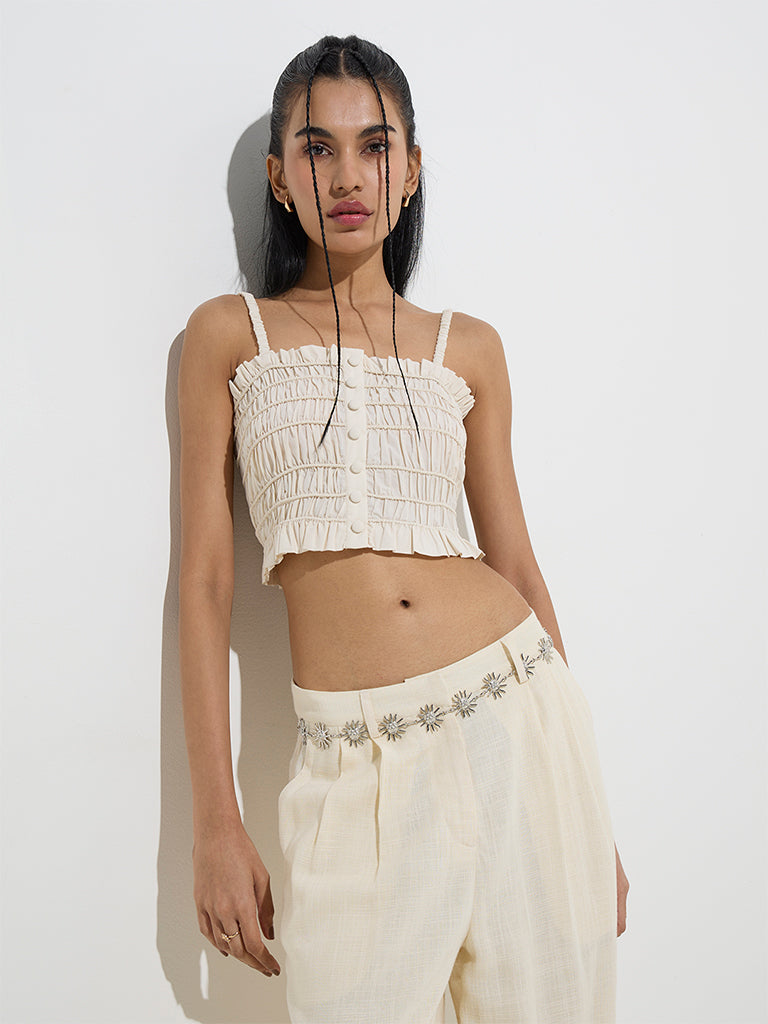 Nuon Off-White Smocked Cotton Crop Top - Image 2
