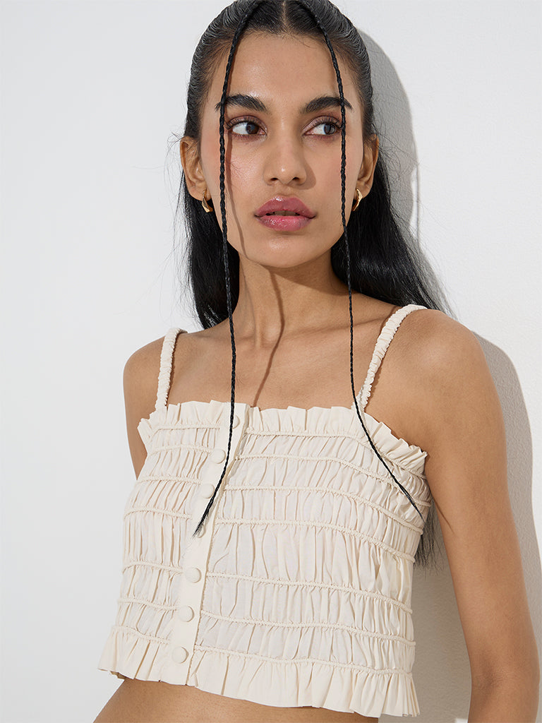 Nuon Off-White Smocked Cotton Crop Top - Image 3