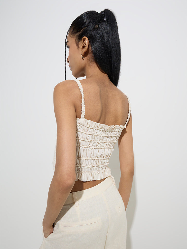 Nuon Off-White Smocked Cotton Crop Top - Image 4