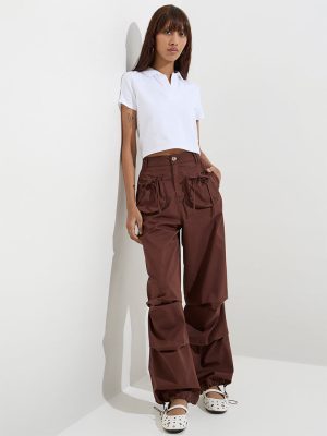 Nuon Brown Cotton-Blend High-Rise Trousers