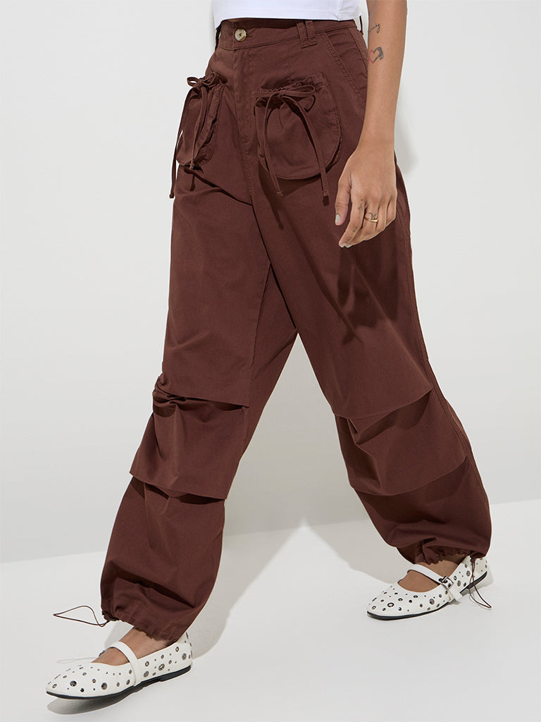 Nuon Brown Cotton-Blend High-Rise Trousers - Image 2