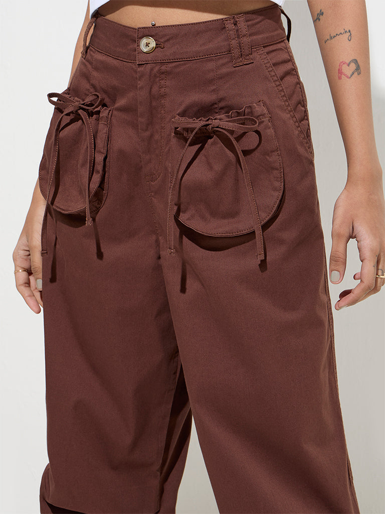 Nuon Brown Cotton-Blend High-Rise Trousers - Image 3