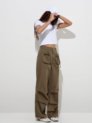 Nuon Olive Cotton-Blend High-Rise Trousers
